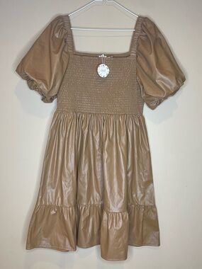 ODDY The Wren Faux Leather Square Neck Puff Sleeve Mini Dress